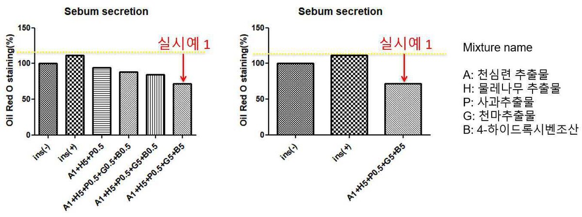 “피부 주름 개선 및 피부 미백 효과를 나타내는 피지 억제용 화장료 조성물”의 도면